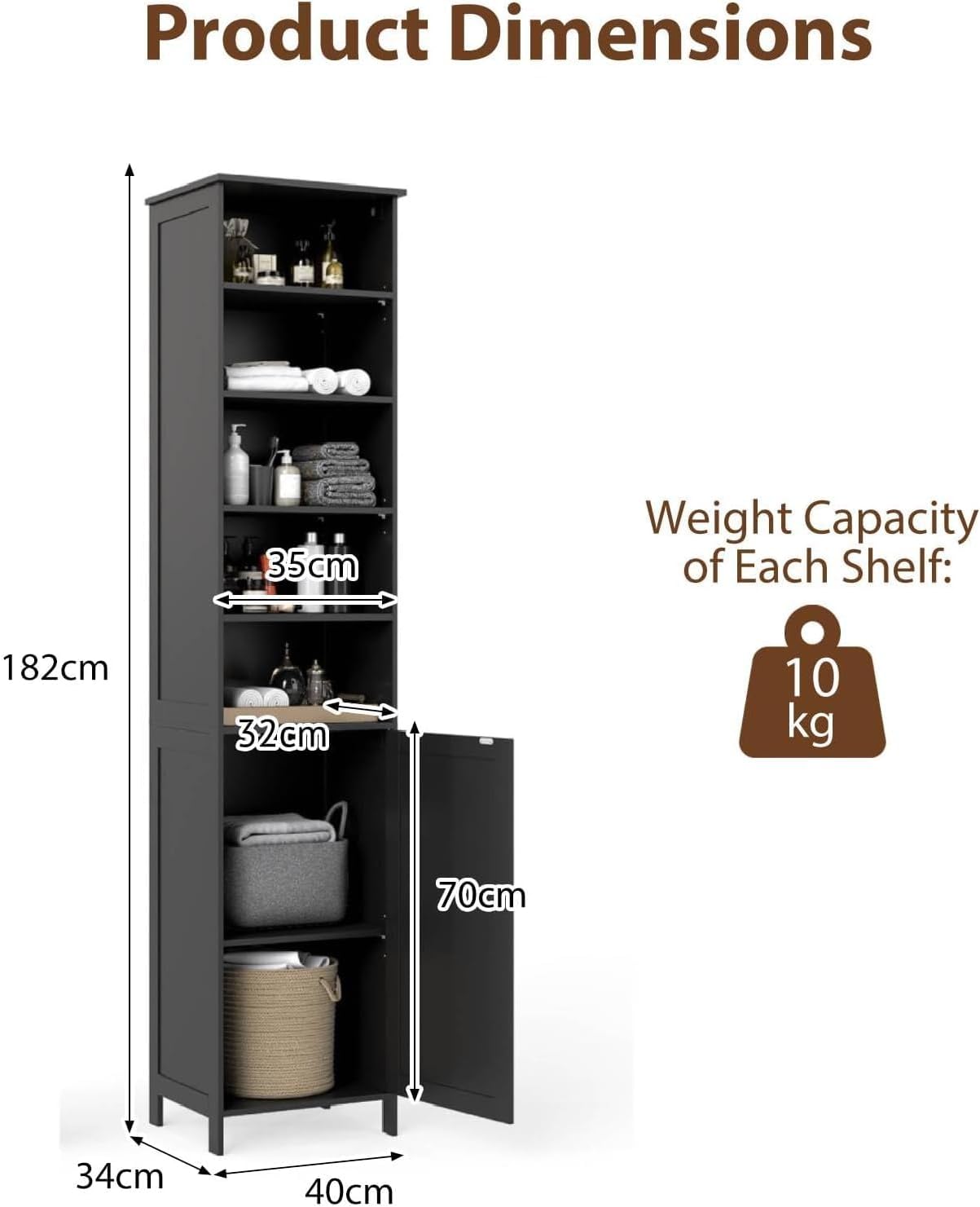 Slim Tall Bathroom Storage Cabinet 5 Shelf Cupboard Black