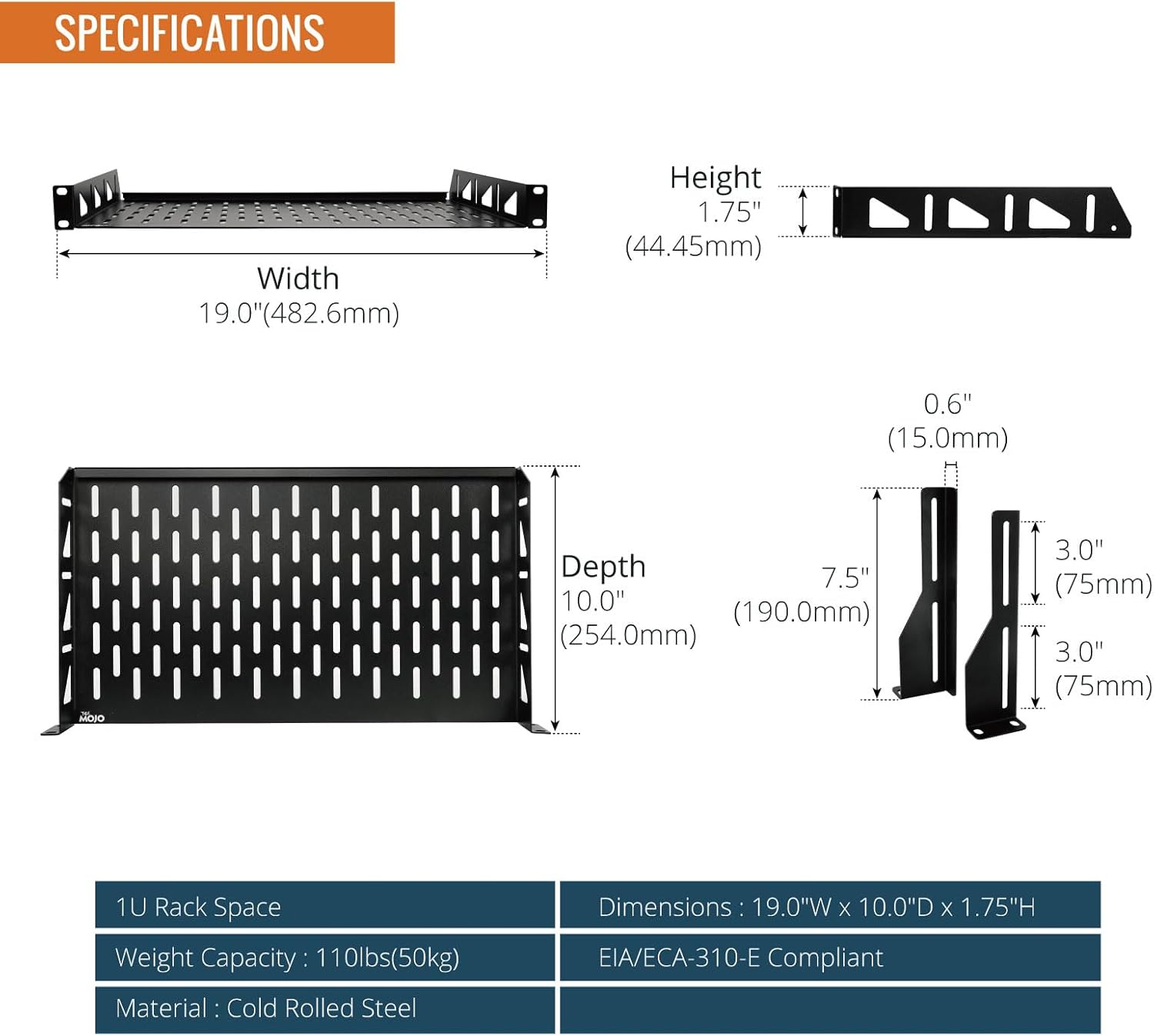 1U 19 Inch Rack Shelf 10in Depth with Support