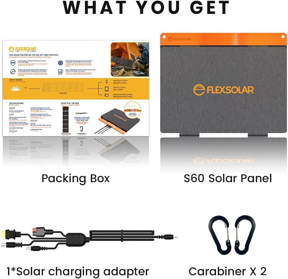 60W Foldable Solar Panel Charger USB-C USB-A Portable Camping