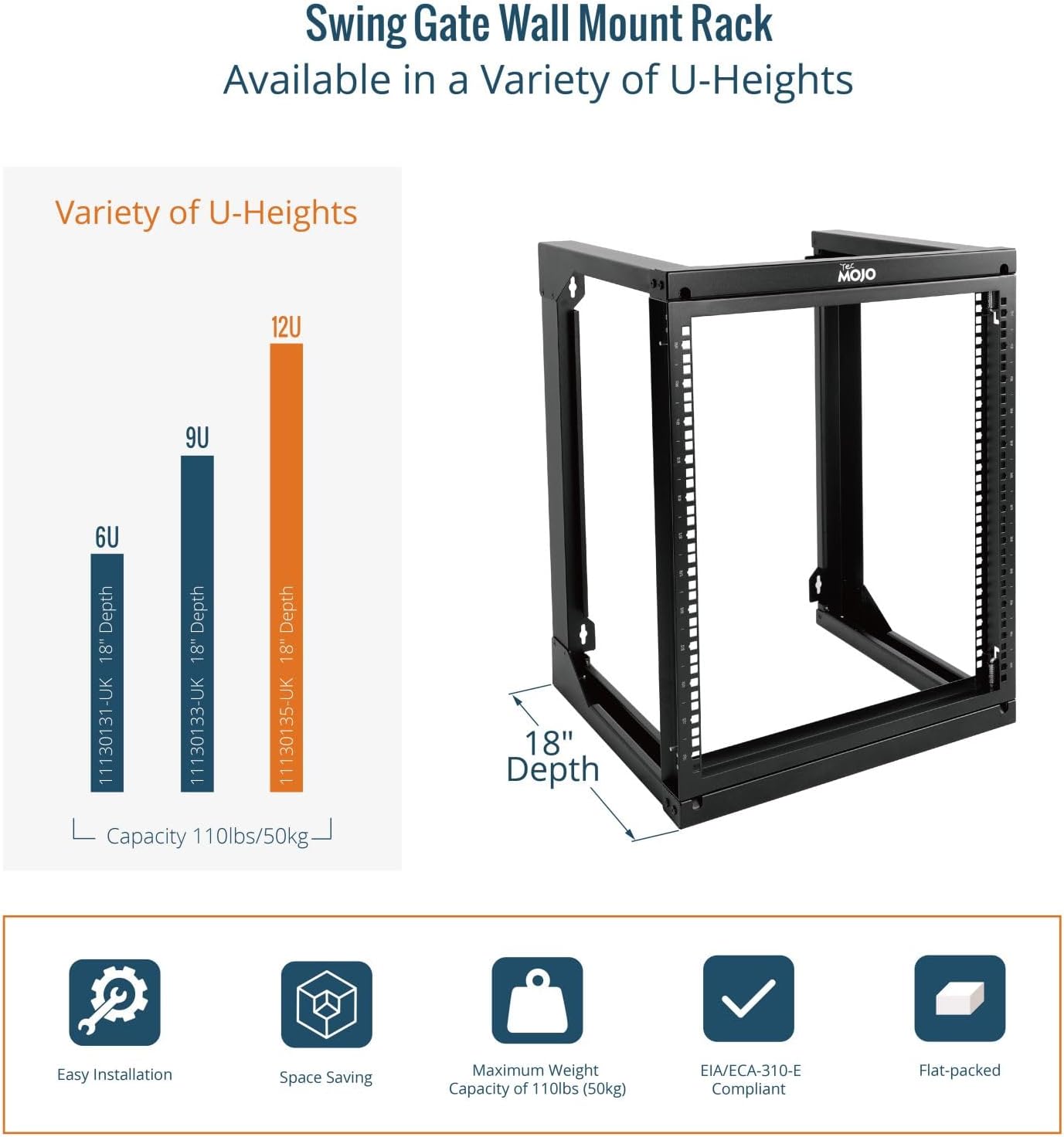 12U Wall Mount Open Frame Server Rack Swing Gate