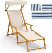 Foldable Wooden Sun Lounger with Canopy Recliner Beige