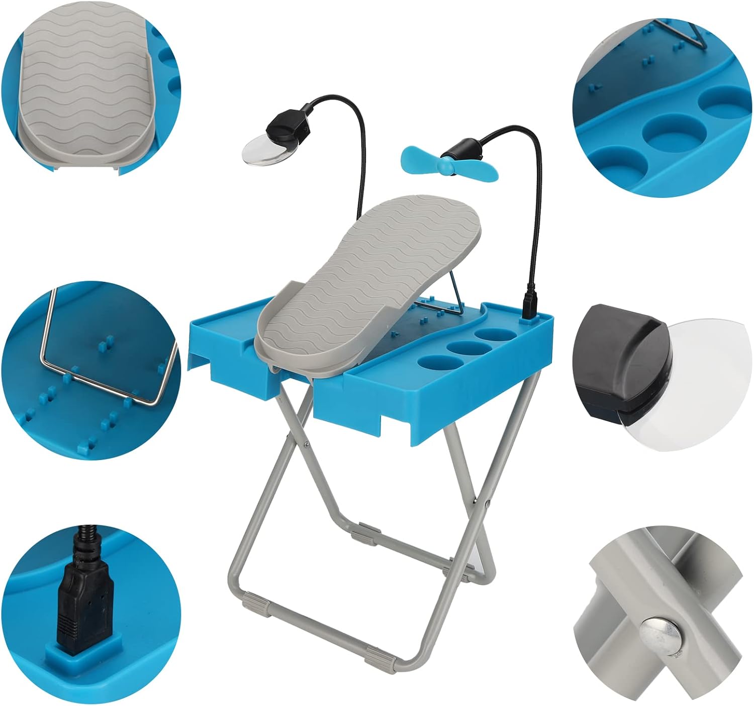 Adjustable Pedicure Foot Rest LED Fan Magnifier Folding Nail Stool