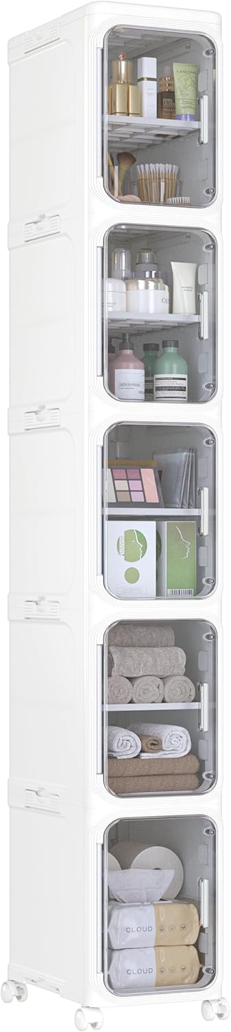 5 Tier Slim Bathroom Storage Cabinet with Wheels Waterproof Clear Smoke