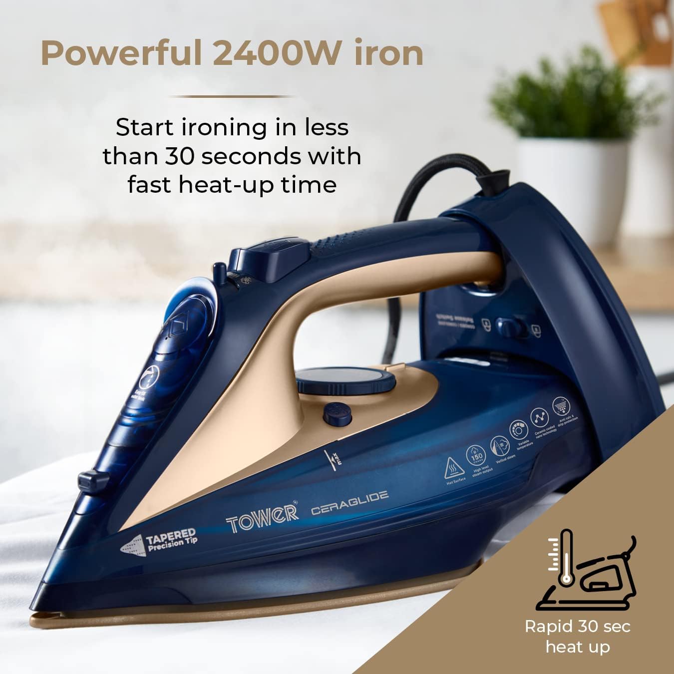Cordless Steam Iron 2400W Ceramic Soleplate Variable Steam Auto Reheat