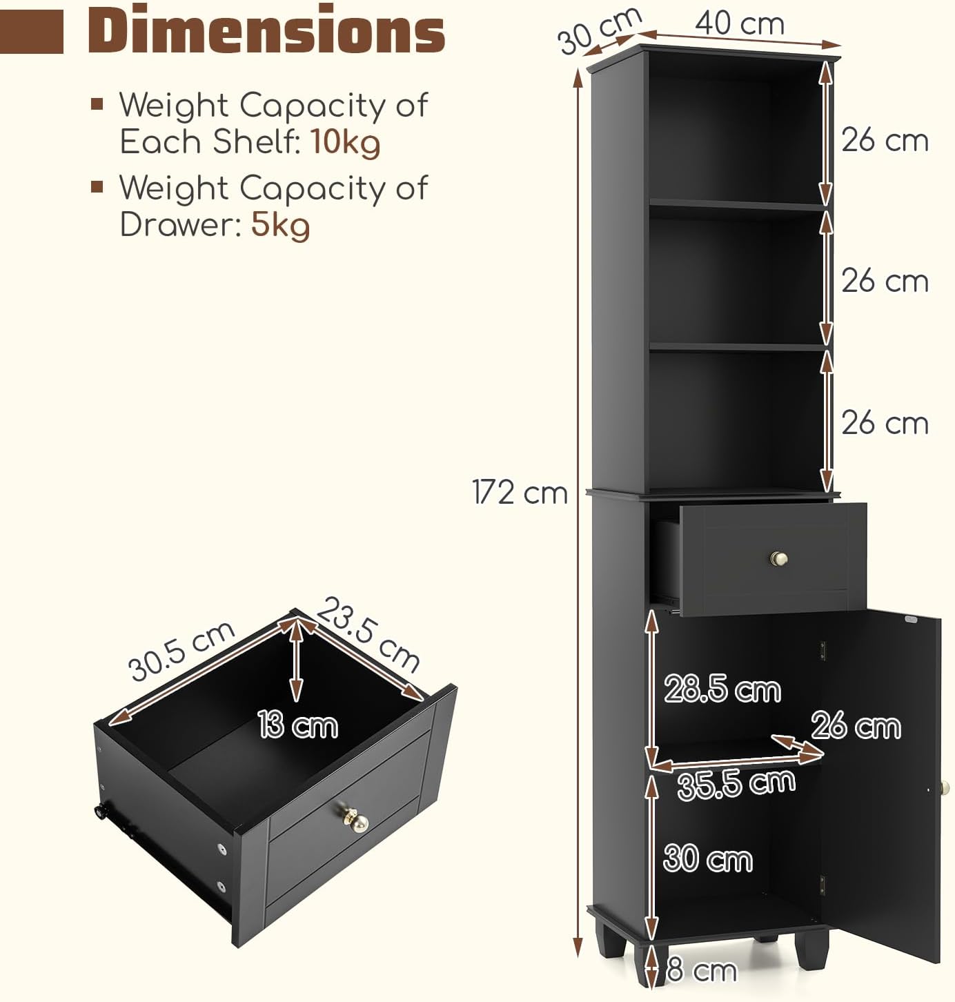 Tall Slim Storage Cabinet Black Drawer Shelves Door Unit
