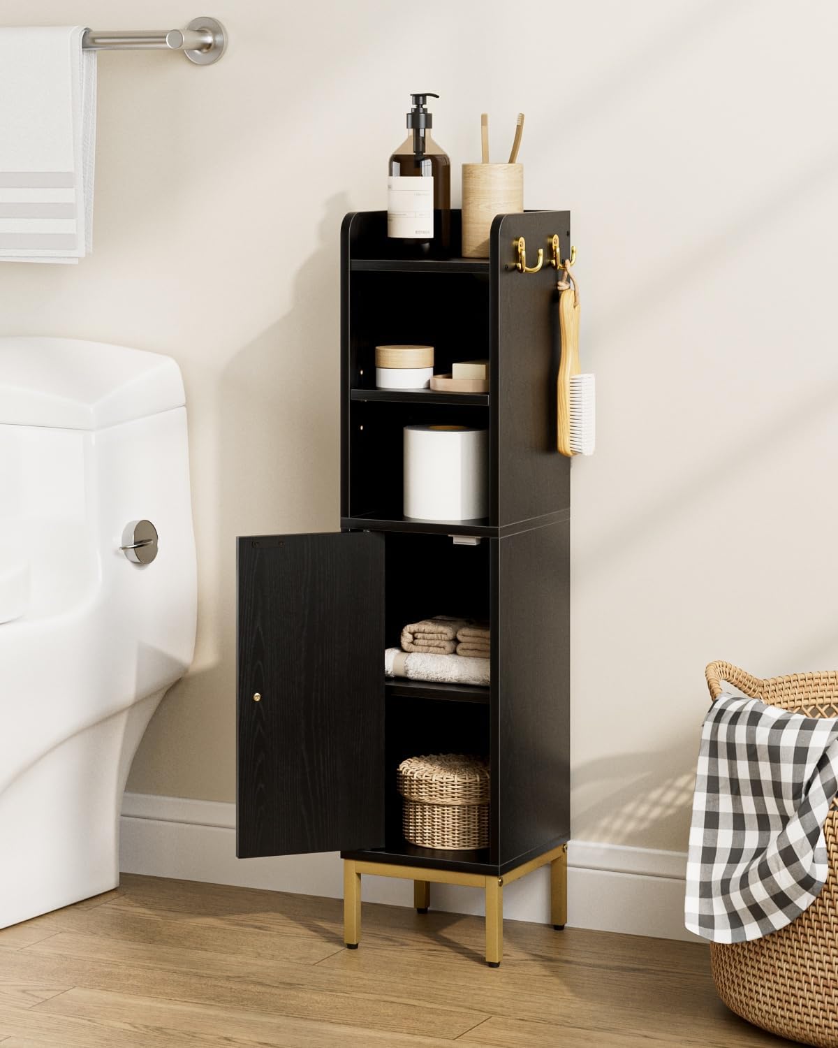 Slim Bathroom Storage Cabinet Door Black Freestanding Unit