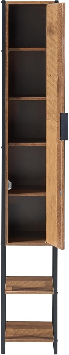 Walnut Tall Bathroom Cabinet Mirror Door Shelf Storage Unit