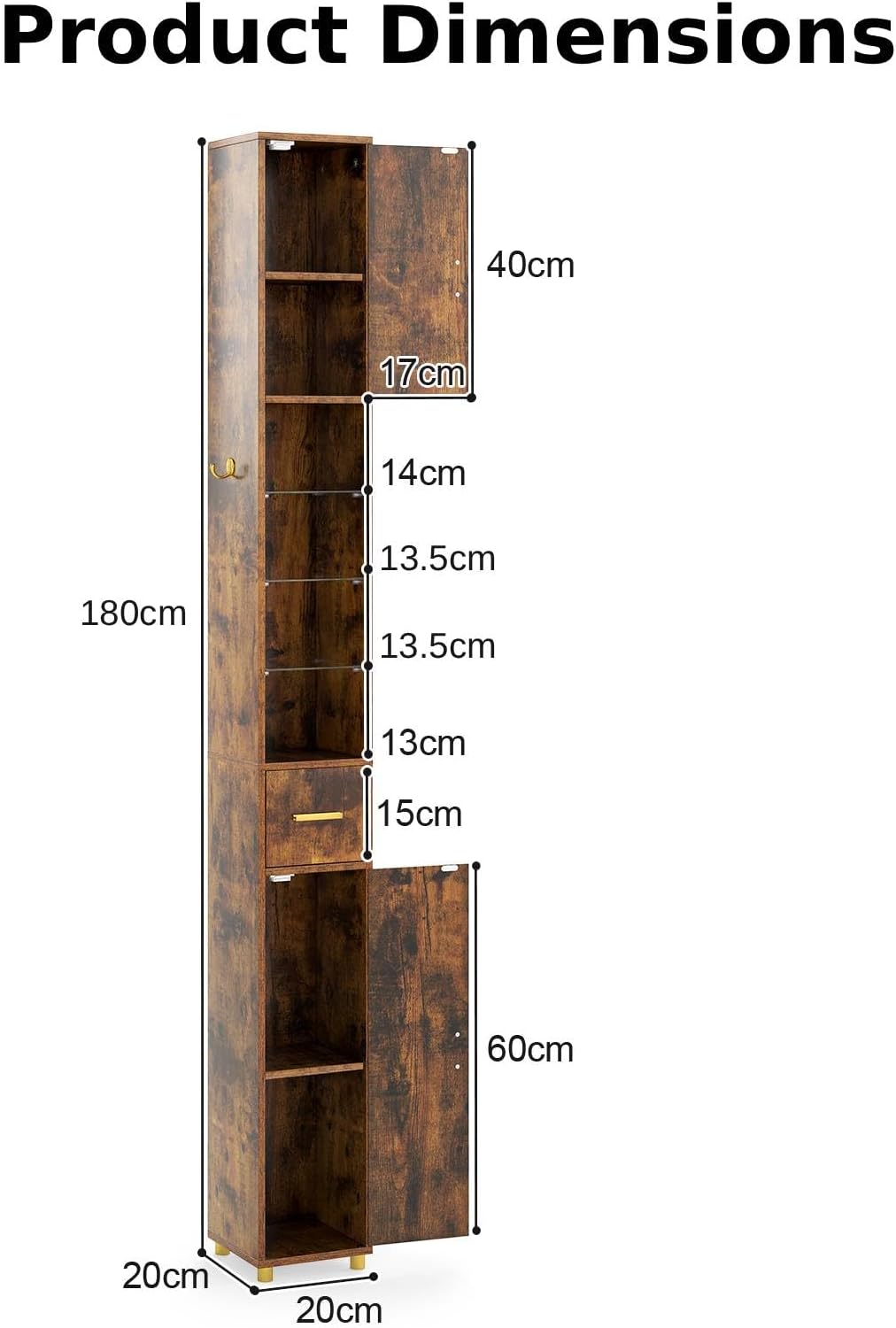Tall Slim Storage Cabinet Rustic Brown LED Shelf Hook Unit