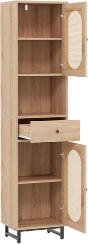Tall Slim Storage Cabinet Natural Rattan Door Drawer Unit