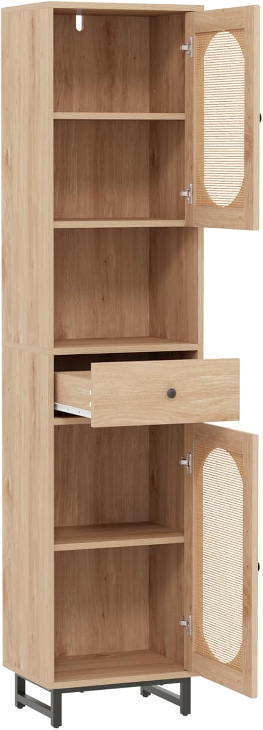 Tall Slim Storage Cabinet Natural Rattan Door Drawer Unit