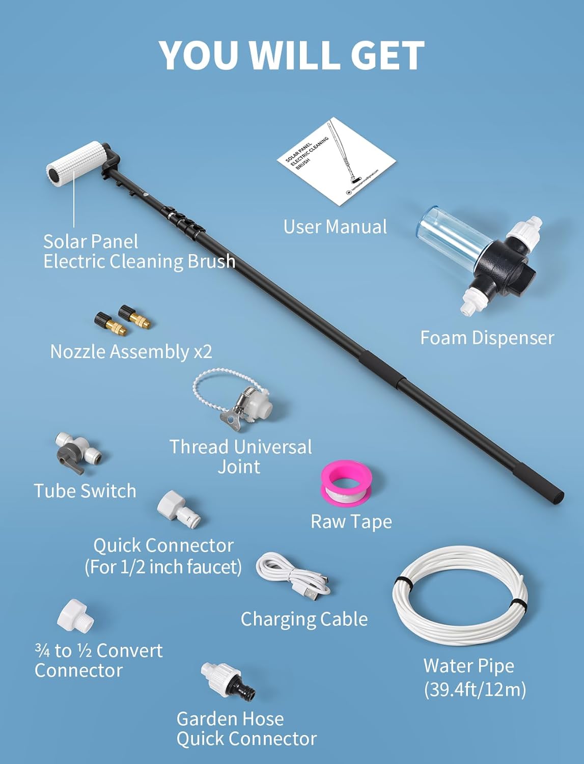 6.2M Electric Solar Panel Cleaning Brush Pole Water Fed Kit