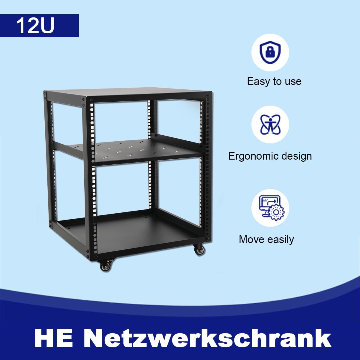 12U Open Frame Network Rack 19 Inch Floor Standing with Wheels
