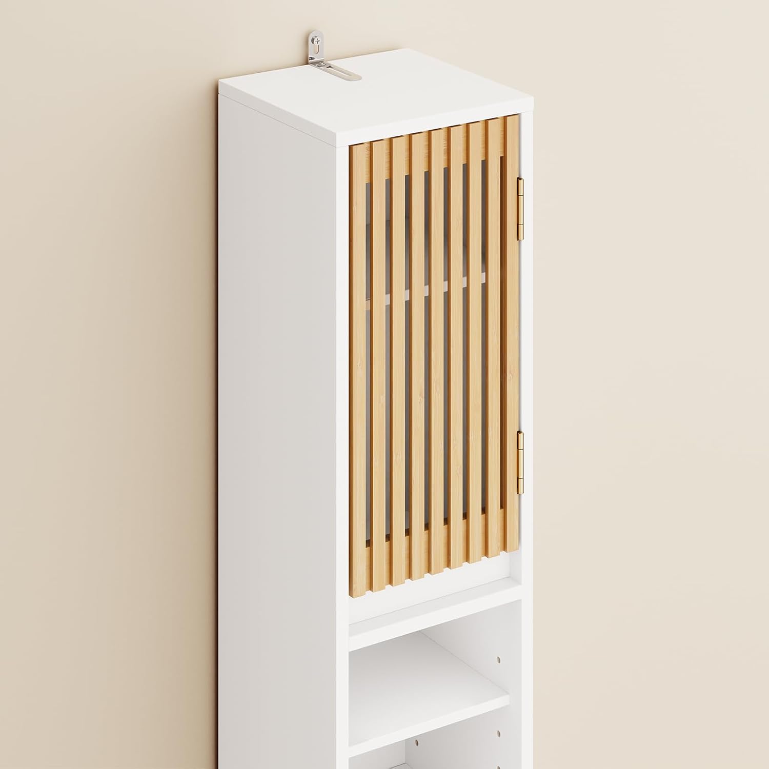 Slim Tall Bathroom Cabinet Bamboo Doors White 20cm 180cm