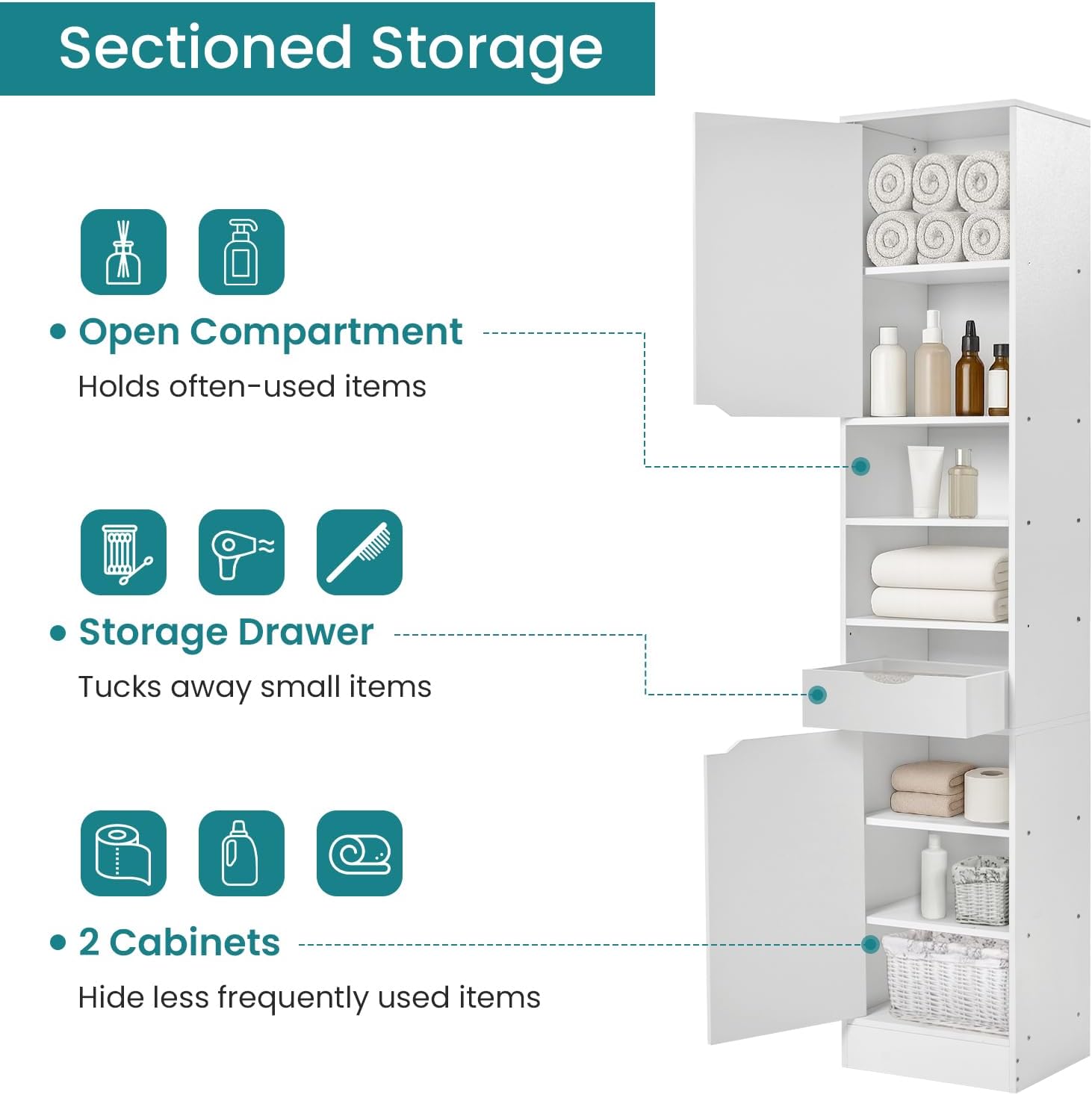 Tall Bathroom Cabinet White 8 Shelf 2 Door Storage Unit