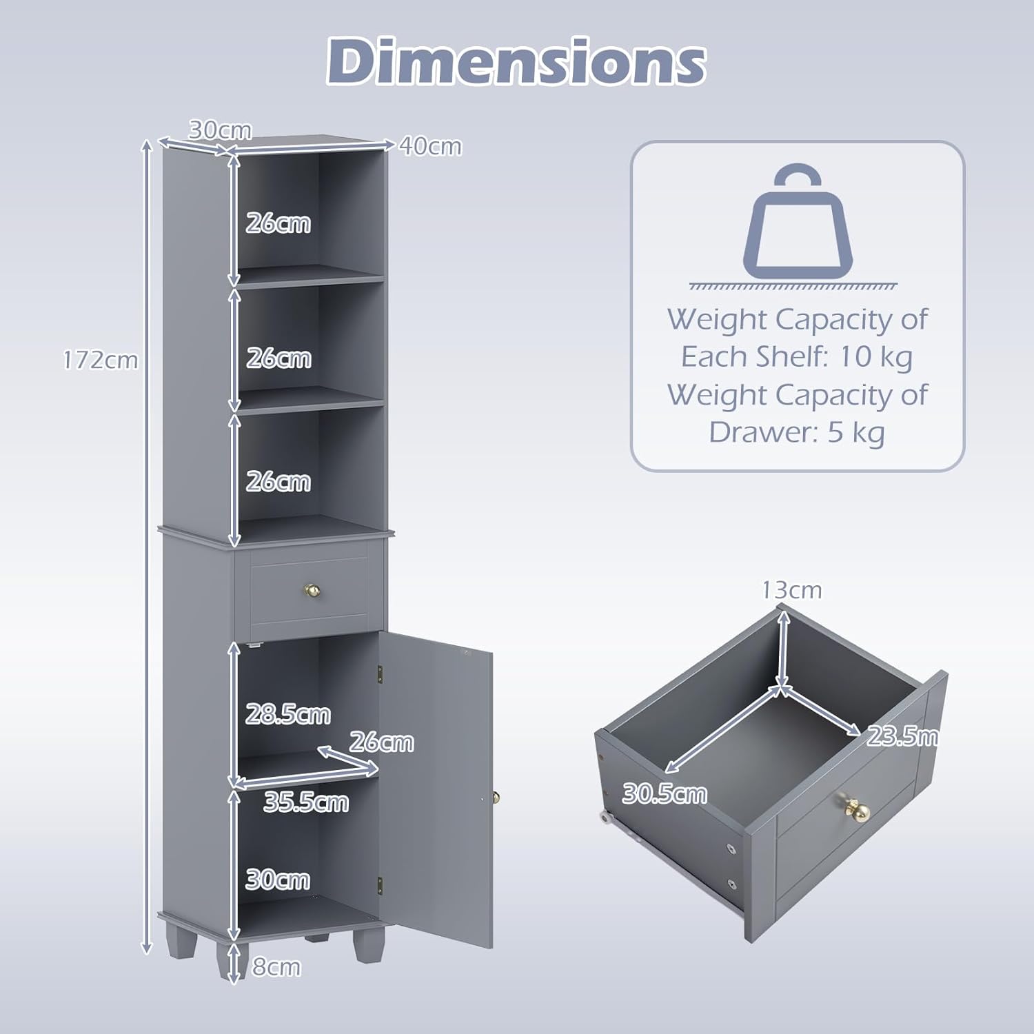 Slim Tall Storage Cabinet Grey Drawer Shelf Door Unit