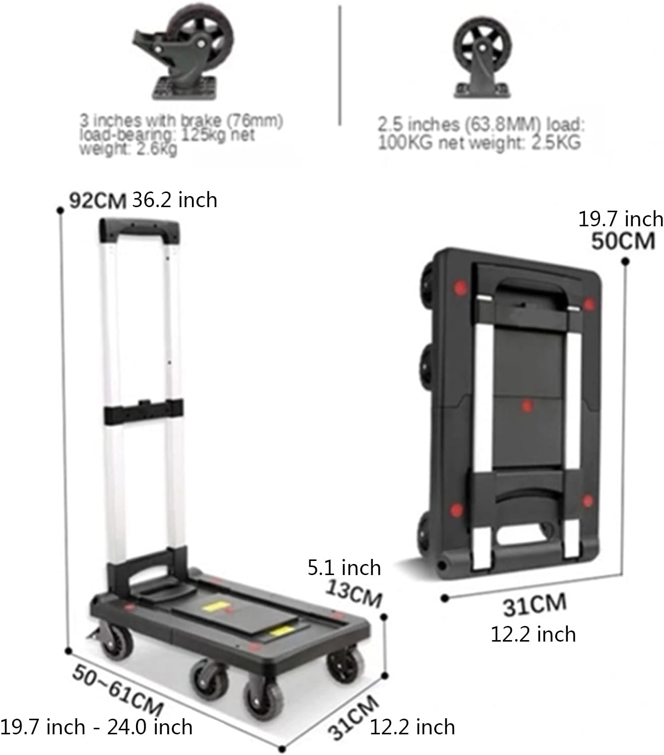Portable Folding Flatbed Hand Cart 6 Wheel Retractable Dolly