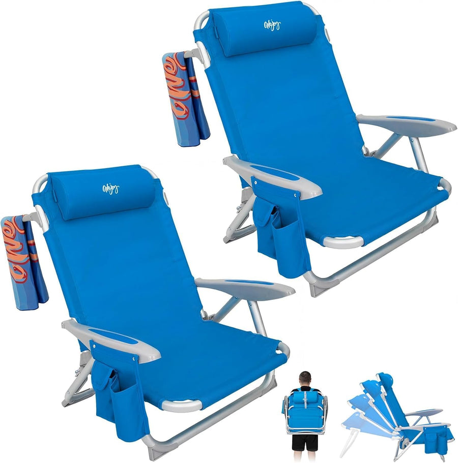 2 Pack Blue Adjustable Beach Chairs Folding Reclining Camping Seats
