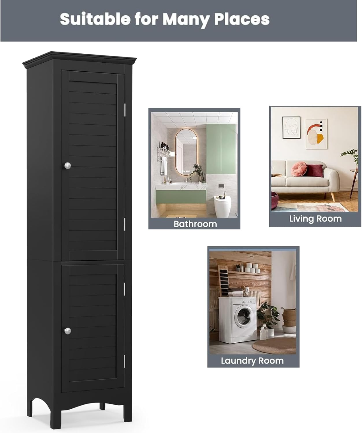 Tall Bathroom Storage Cabinet Black 2 Door Shelf Unit