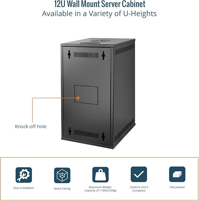 12U 10 Inch Wall Mount Data Cabinet Glass Door Black