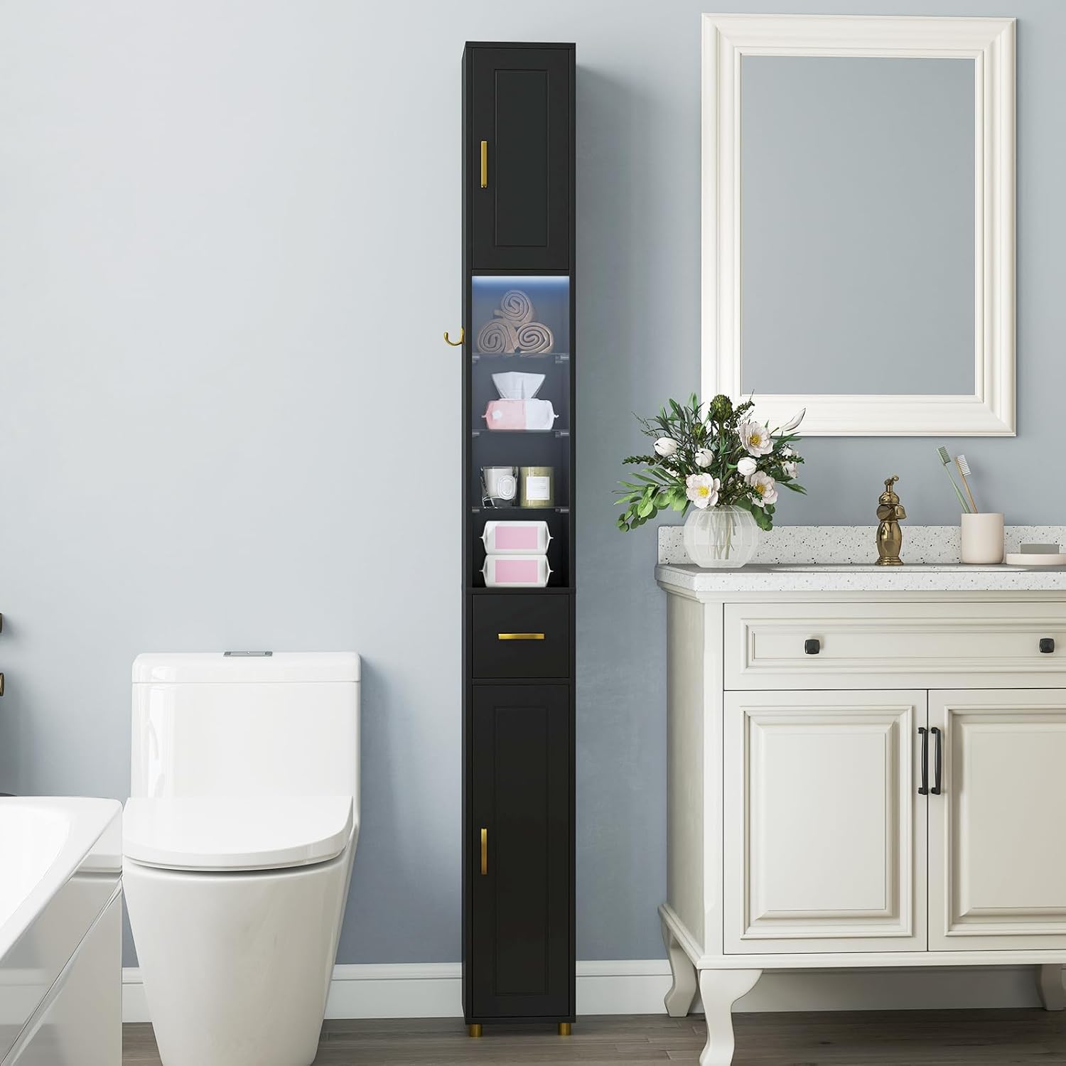 Tall Slim Bathroom Cabinet LED Light Drawer Shelves Black 180cm