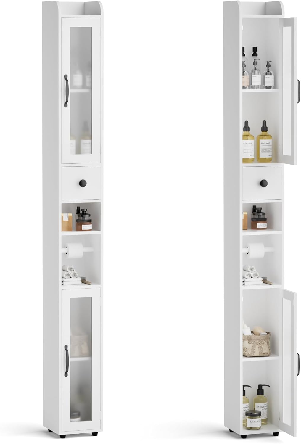 Tall Slim Bathroom Cabinet Frosted Glass Door Drawer 180cm