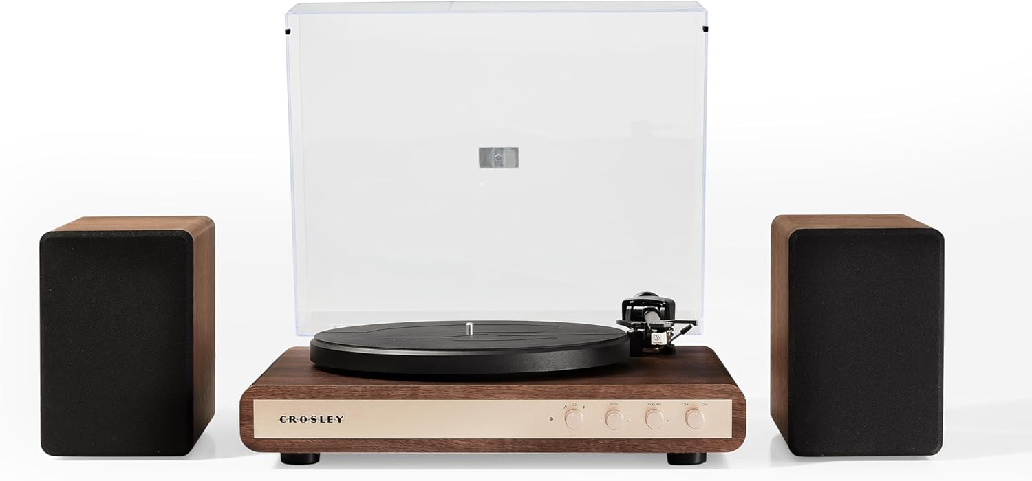 Bluetooth Vinyl Turntable with Speakers, 2-Speed Belt Drive & USB