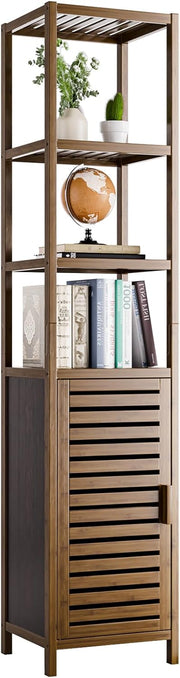 Bamboo Tall Storage Cabinet Walnut Open Shelf Door Unit