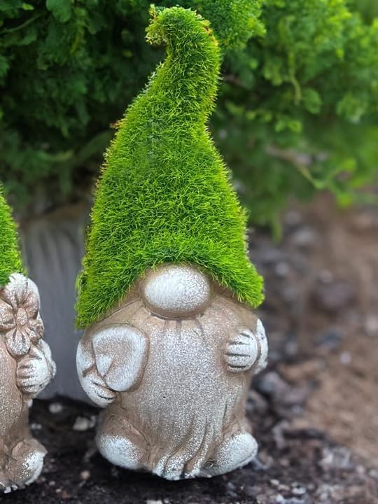 Garden Gnome Mossy Hat Stone Effect Statue Outdoor Decor 18cm