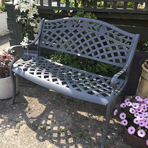 Cast Aluminium Garden Bench Outdoor Patio Seat w/Cushion Slate Grey