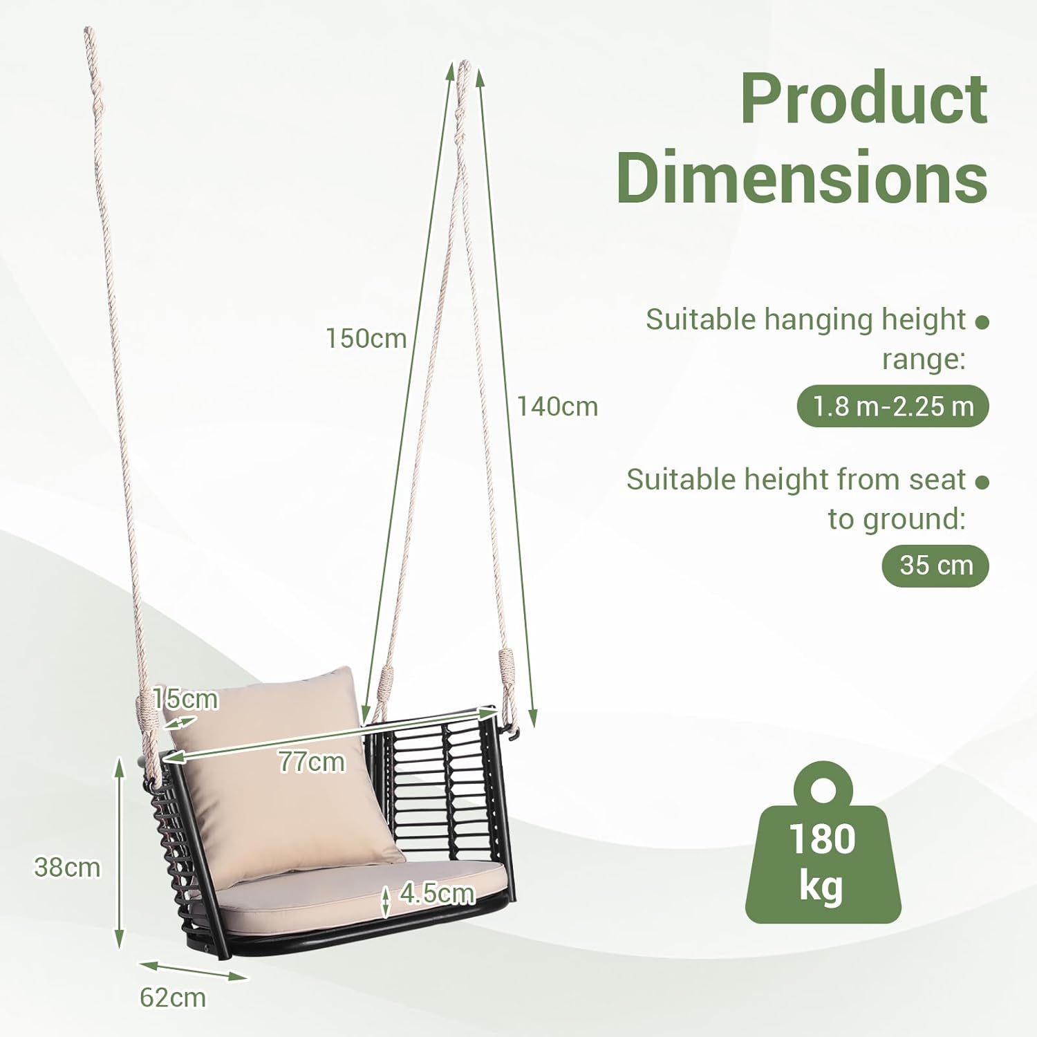 Single Rattan Porch Swing Chair Cushions Hanging Seat