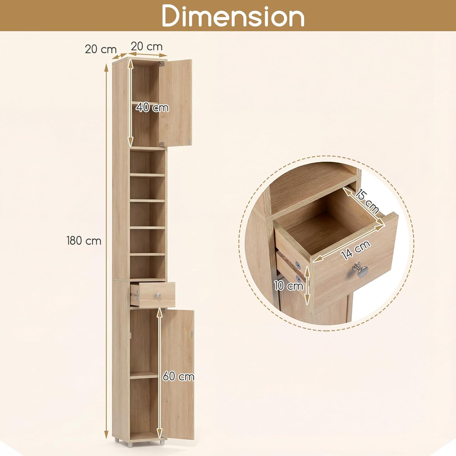 Tall Bathroom Storage Cabinet Slim Floor Standing Shelf Drawer Unit