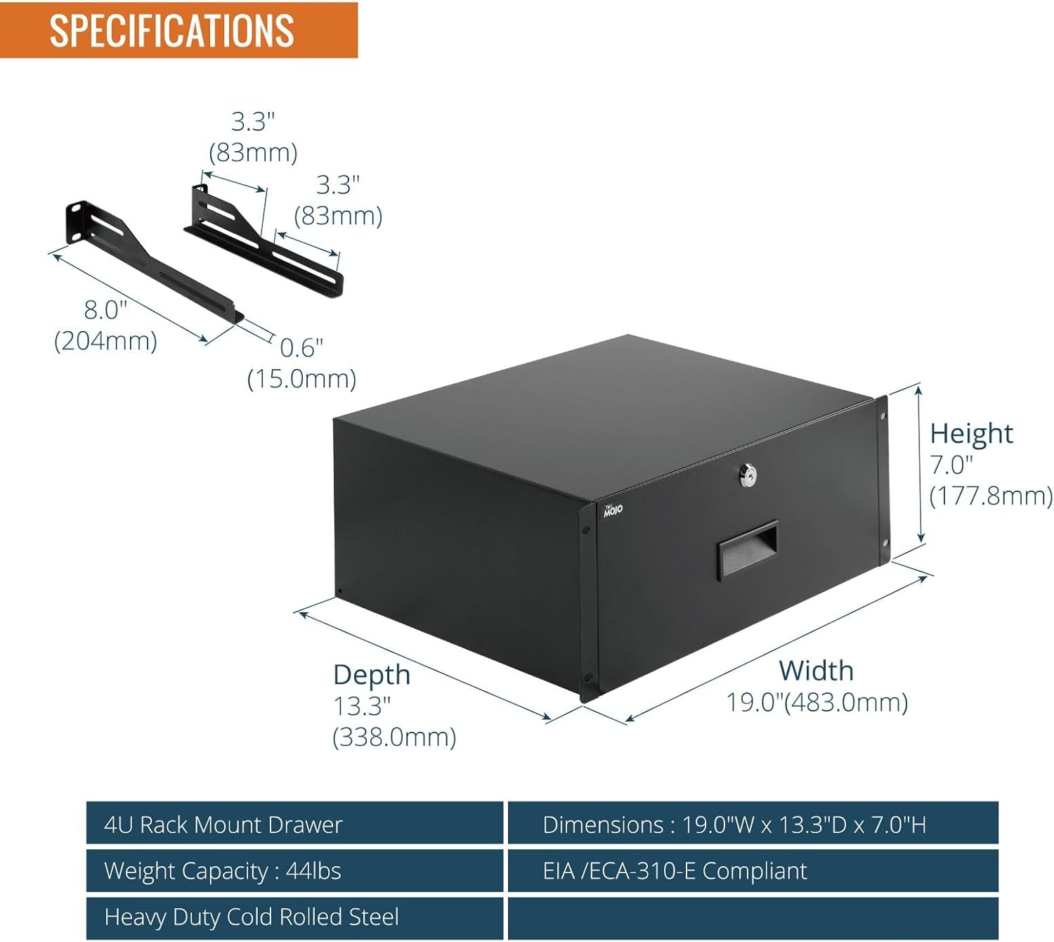 4U 19in Lockable Rack Drawer Steel Cabinet Mount