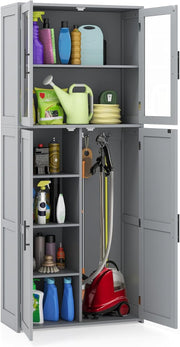 Tall Storage Cabinet Grey Adjustable Shelves Hook Unit