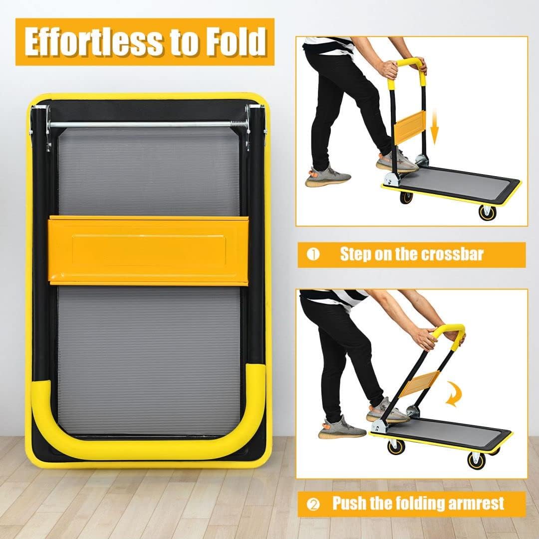 Folding Push Cart Dolly 150KG Flatbed Trolley Yellow