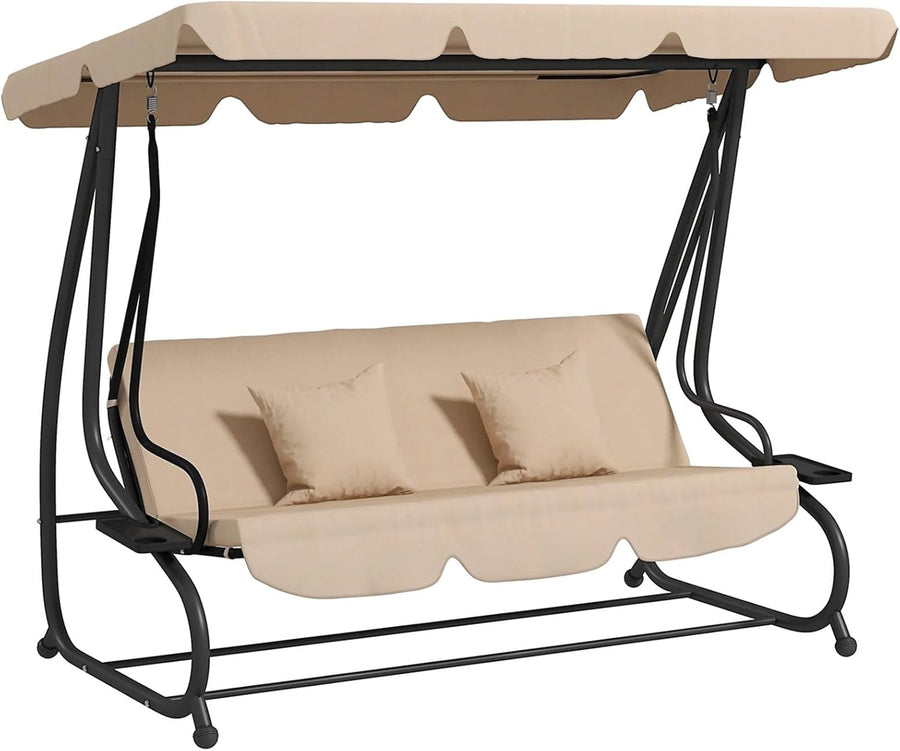 3 Seater Garden Swing Bed Brown Canopy Cushions