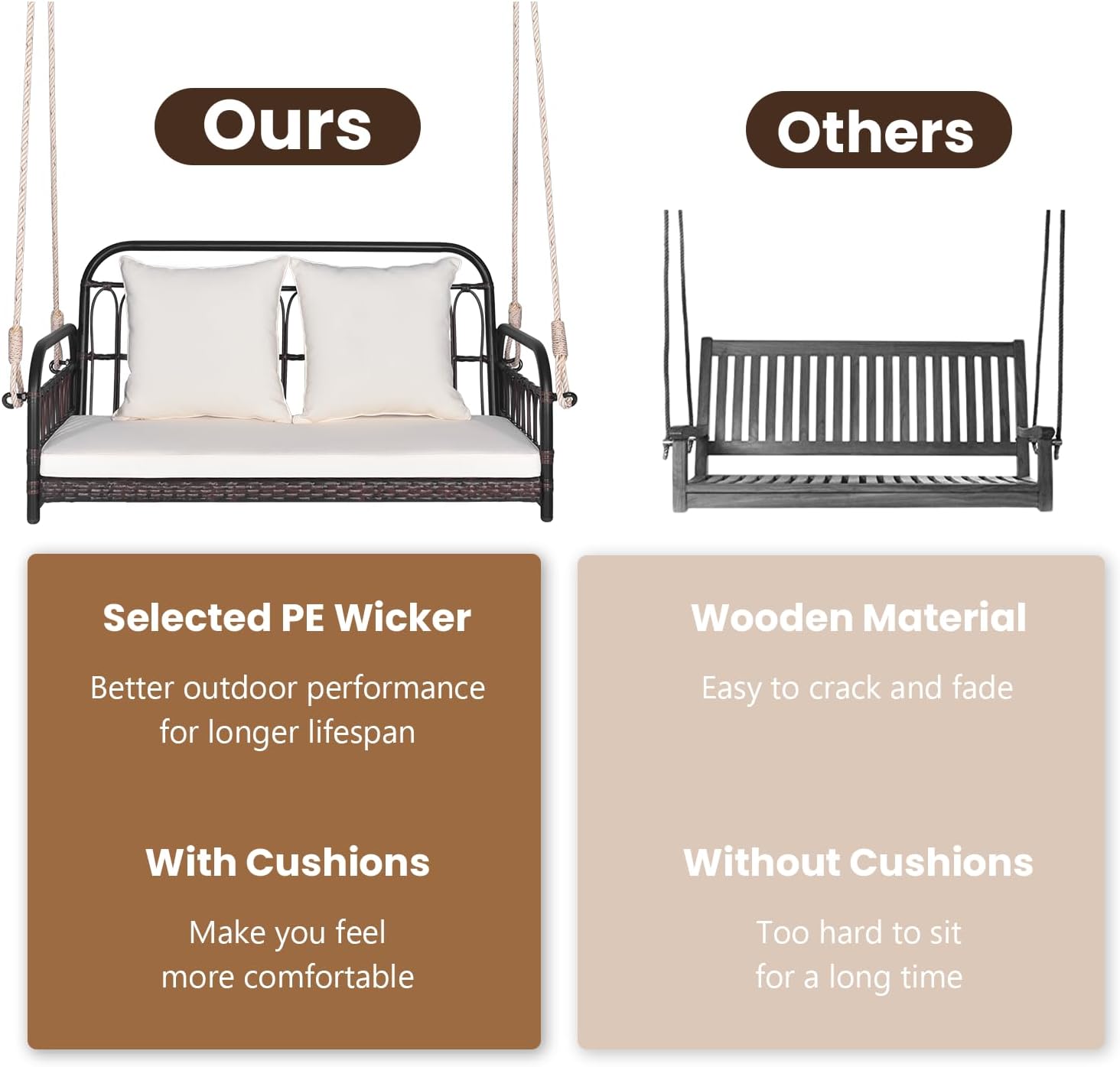 2 Seater Rattan Hanging Swing Bench Cushion Pillows