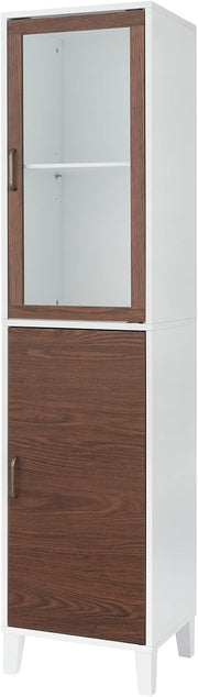 Tall Bathroom Linen Tower Cabinet Glass Door Shelf White Brown
