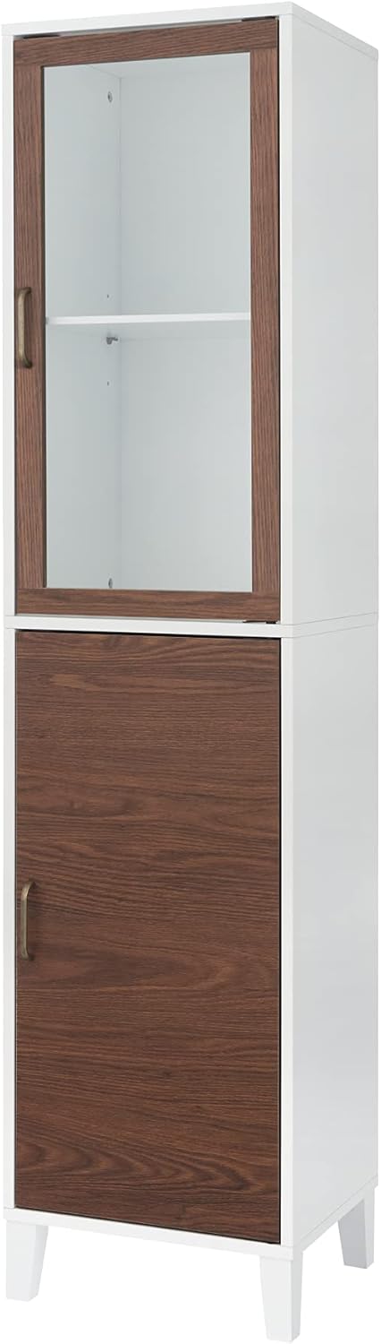Tall Bathroom Linen Tower Cabinet Glass Door Shelf White Brown