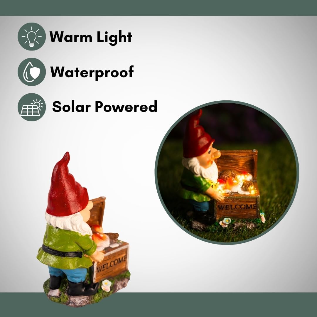 Solar Garden Gnome LED Light Treasure Chest Welcome Statue Decor