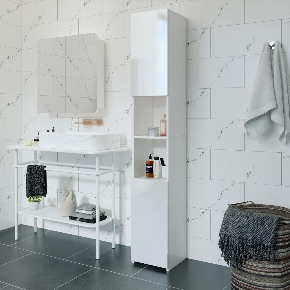 Tall Slim Bathroom Cabinet White High Gloss Storage Unit 6 Space