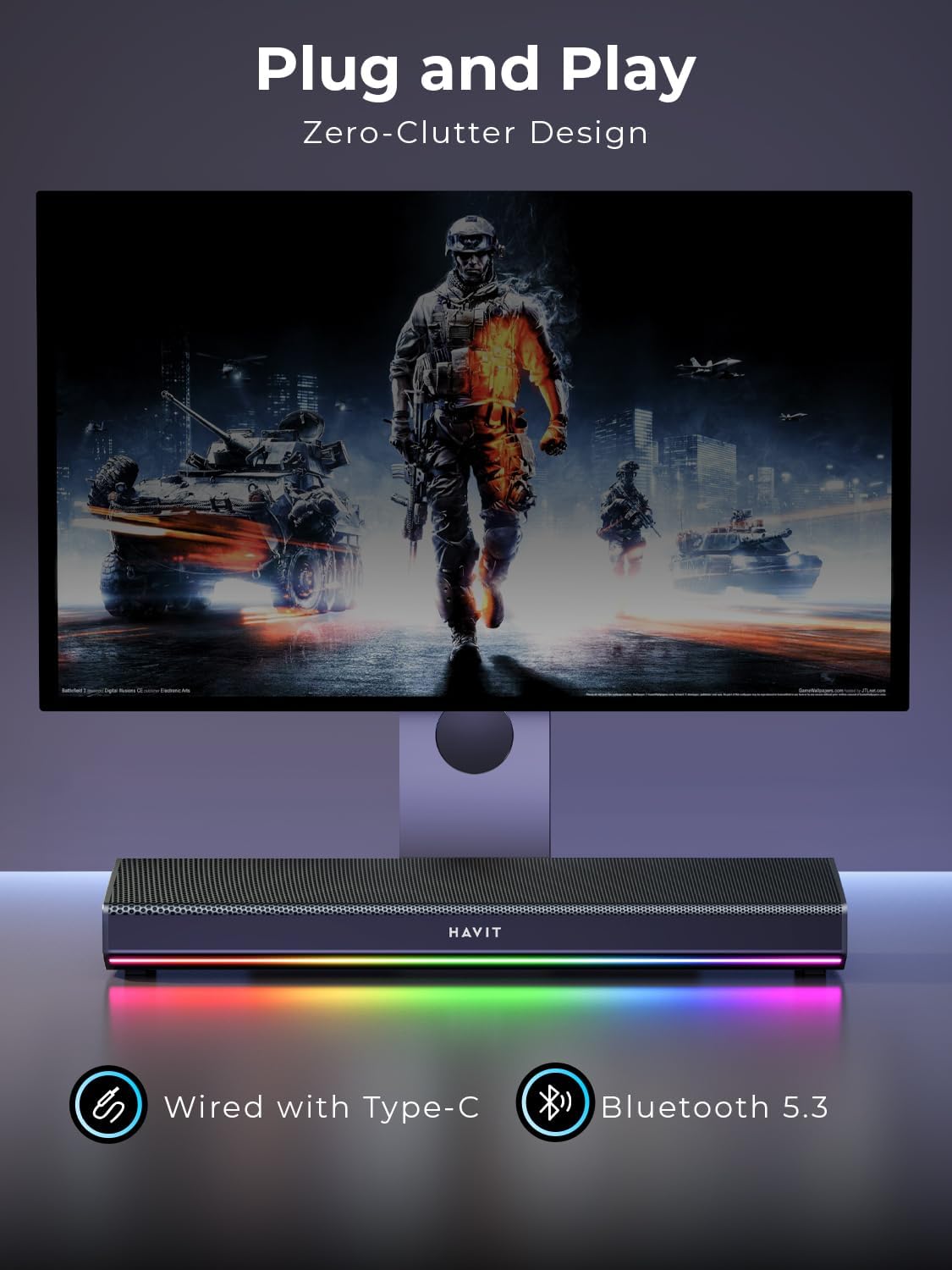 20W Bluetooth PC Soundbar RGB USB Desktop Speaker 3D Stereo