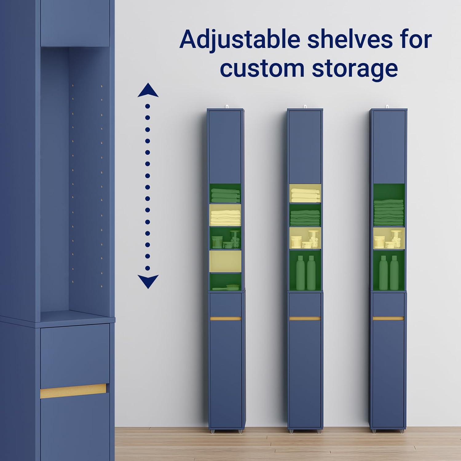 Tall Slim Bathroom Storage Cabinet 20cm Blue Drawer Shelves