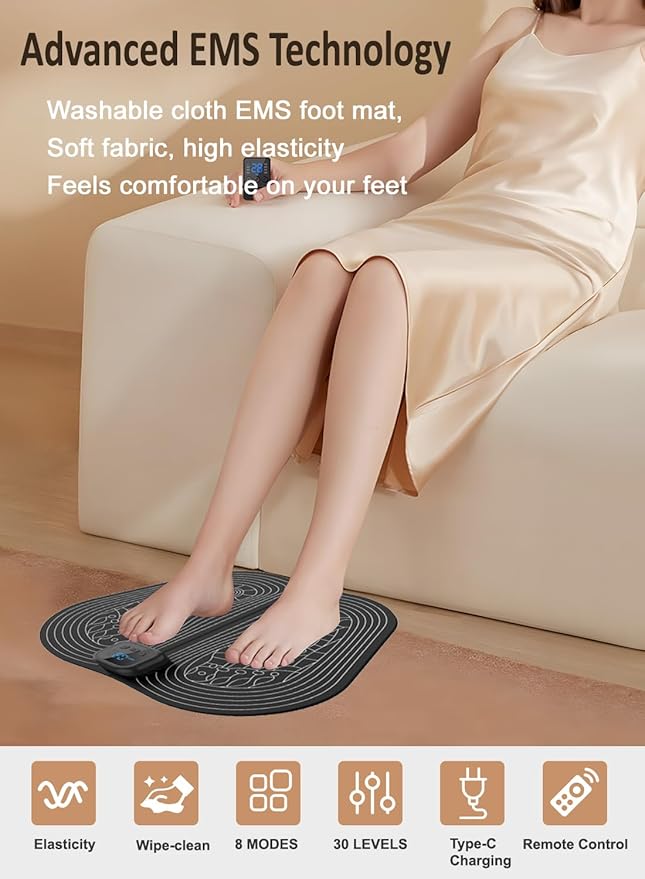 EMS Foot Massager Mat Rechargeable Remote 8 Modes 30 Levels