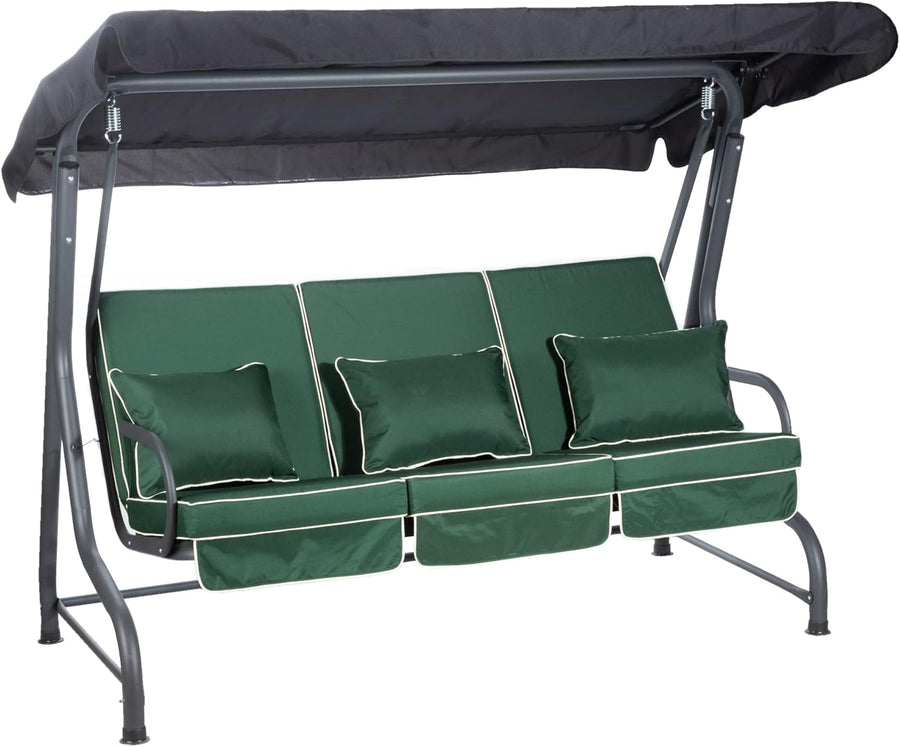 3 Seater Garden Swing Seat Green Canopy Cushions Heavy Duty 250kg