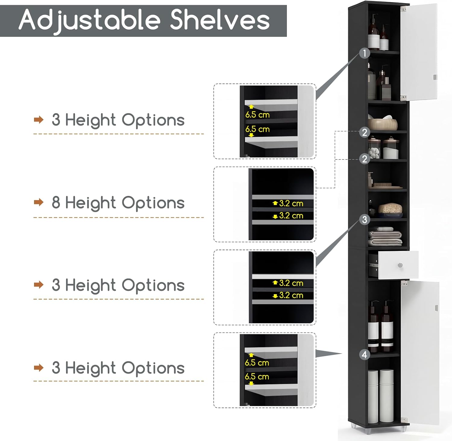 Tall Slim Bathroom Storage Cabinet Drawer Shelves Black White