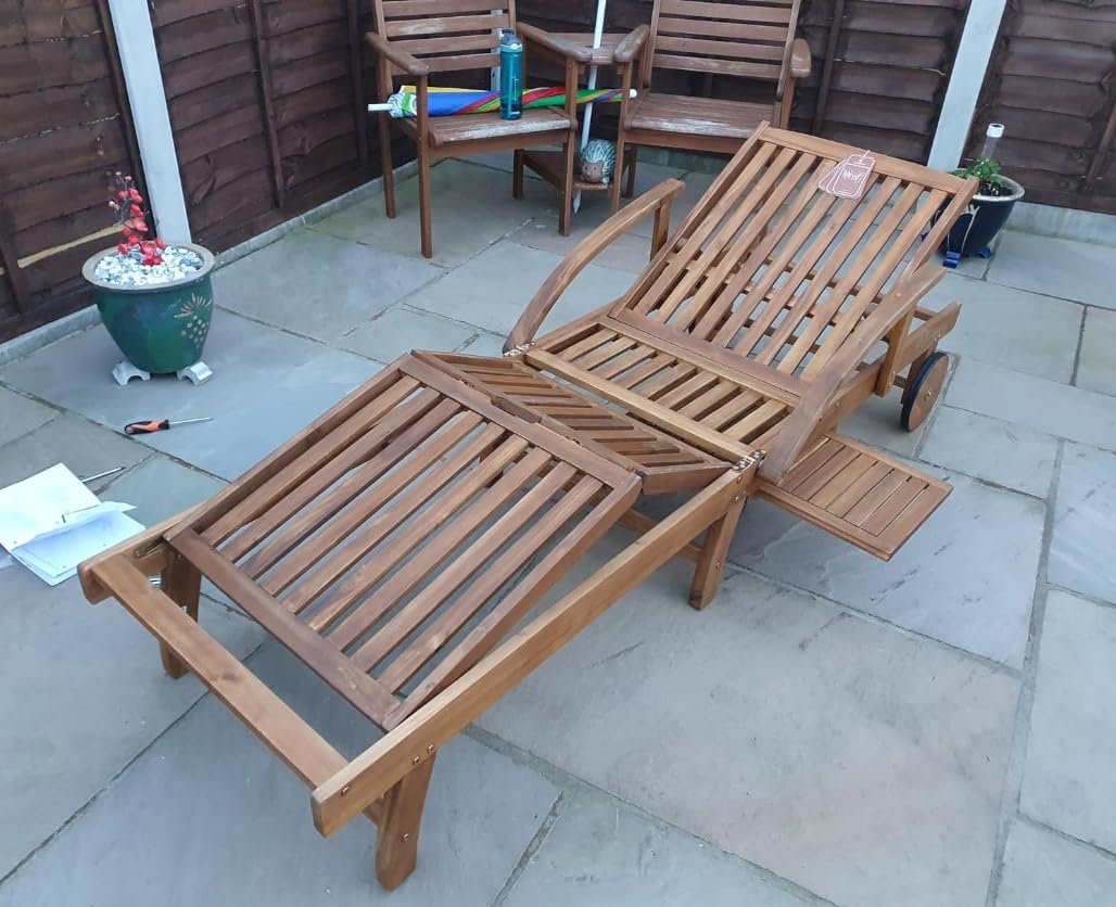Acacia Wood Sun Lounger with Wheels Tray Adjustable