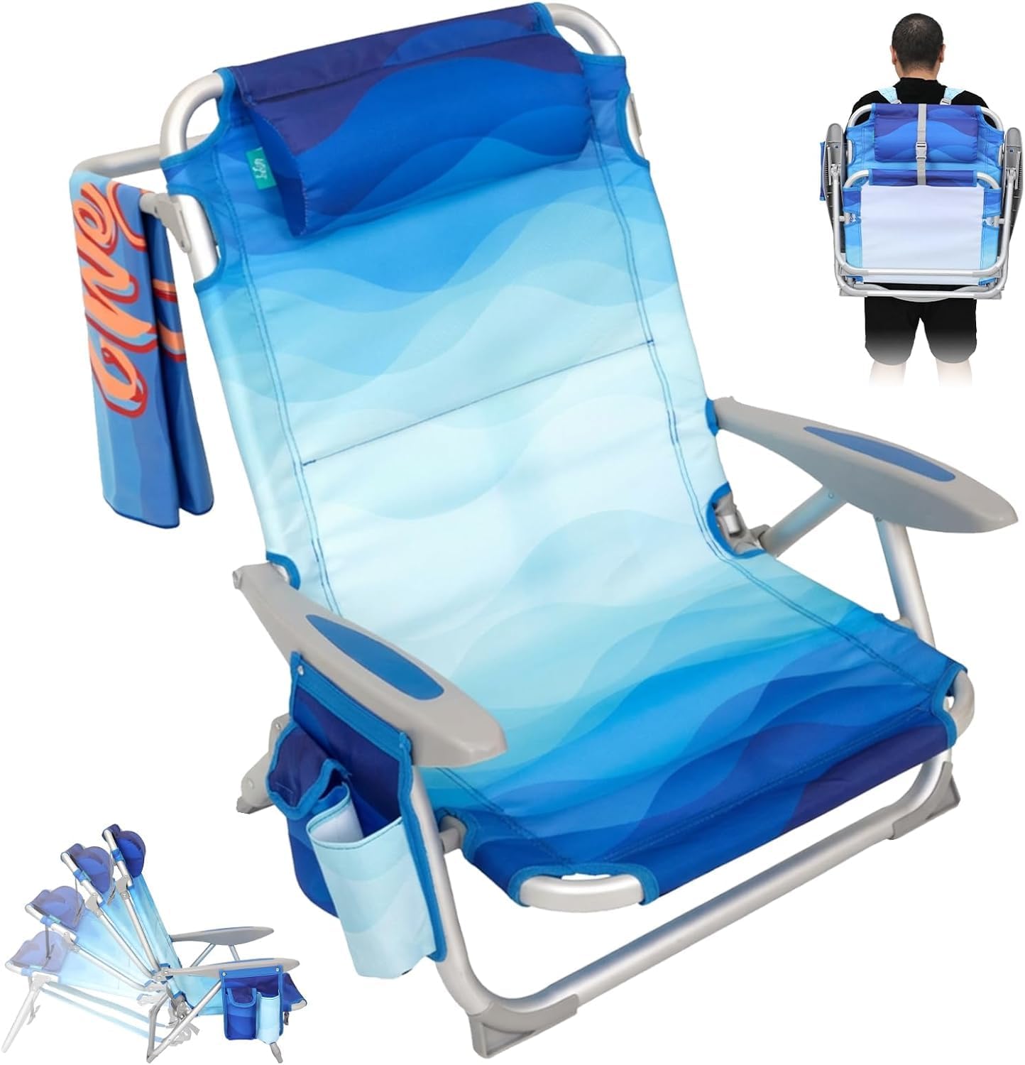Blue Pattern Adjustable Beach Chair Folding Reclining Seat