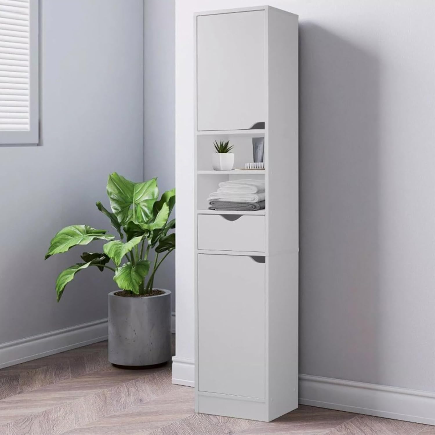 Tall Bathroom Storage Cabinet 8 Shelf Drawer Door Unit White