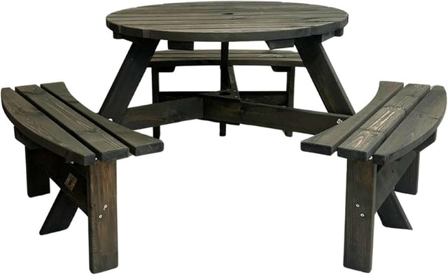 6 Seater Round Wooden Picnic Table with Benches Parasol Hole 170cm