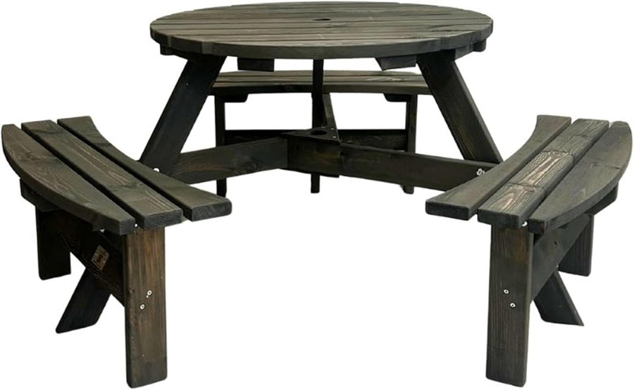 6 Seater Round Wooden Picnic Table with Benches Parasol Hole 170cm